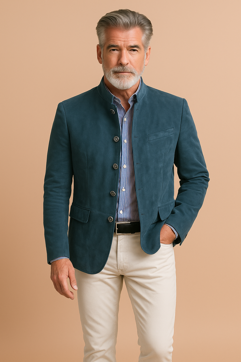 Men's formal long-sleeve blazer with mandarin collar, button front and flap pockets
