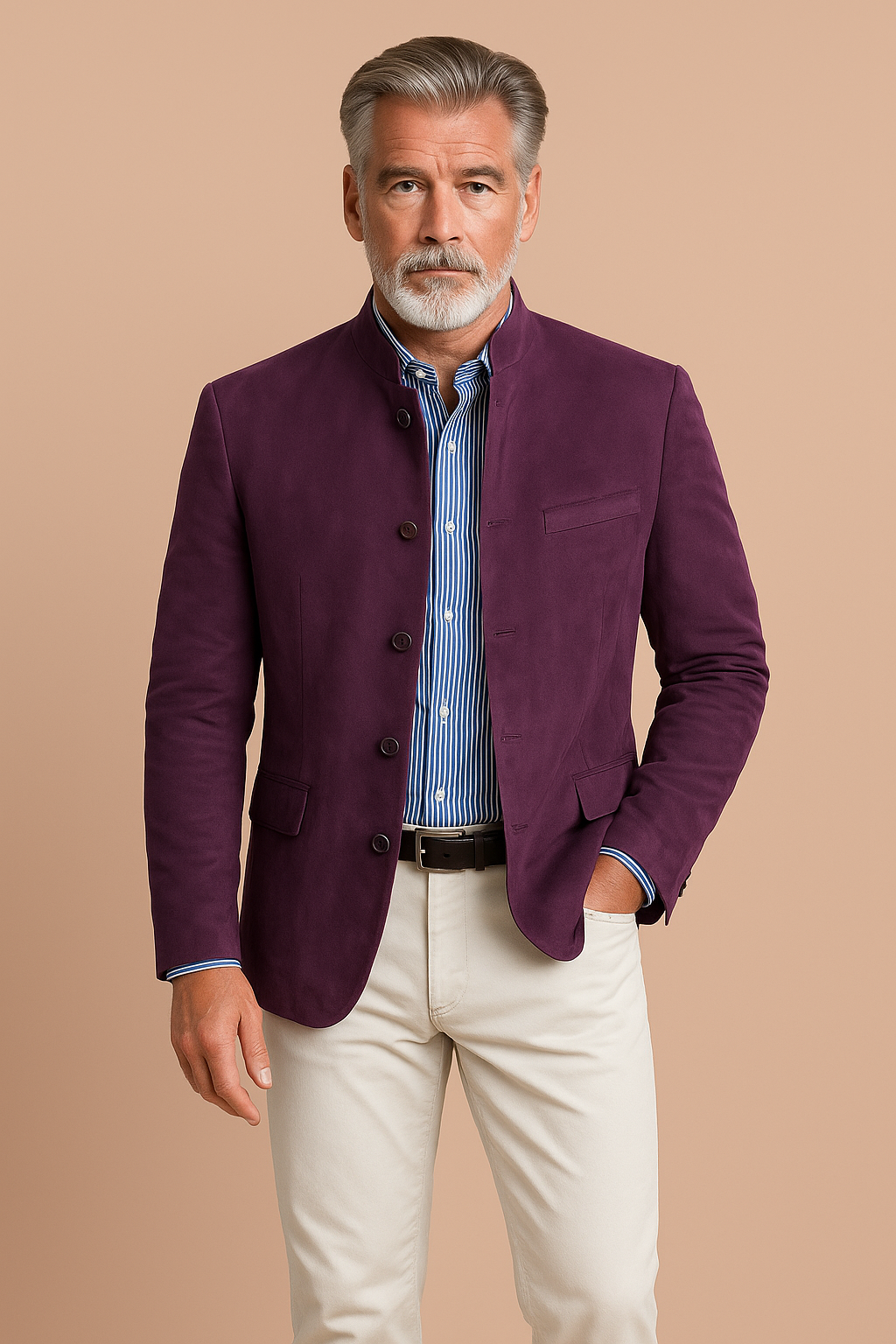 Men's formal long-sleeve blazer with mandarin collar, button front and flap pockets
