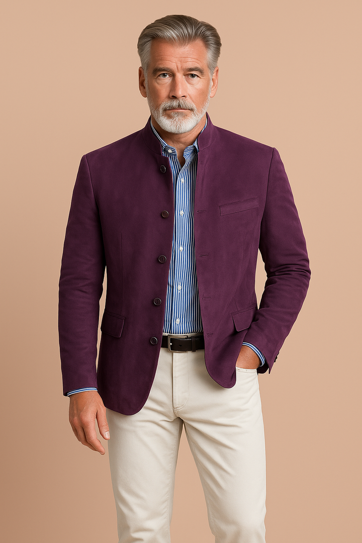 Men's formal long-sleeve blazer with mandarin collar, button front and flap pockets