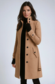 Women's long trench coat with raised collar, button front and flap pockets