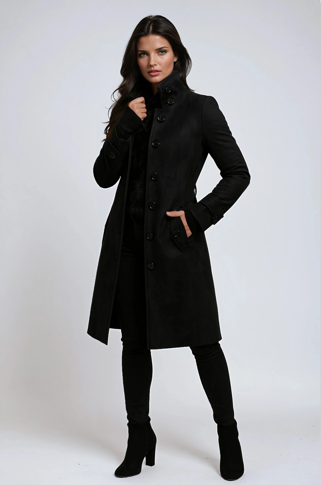 Women's long trench coat with raised collar, button front and flap pockets