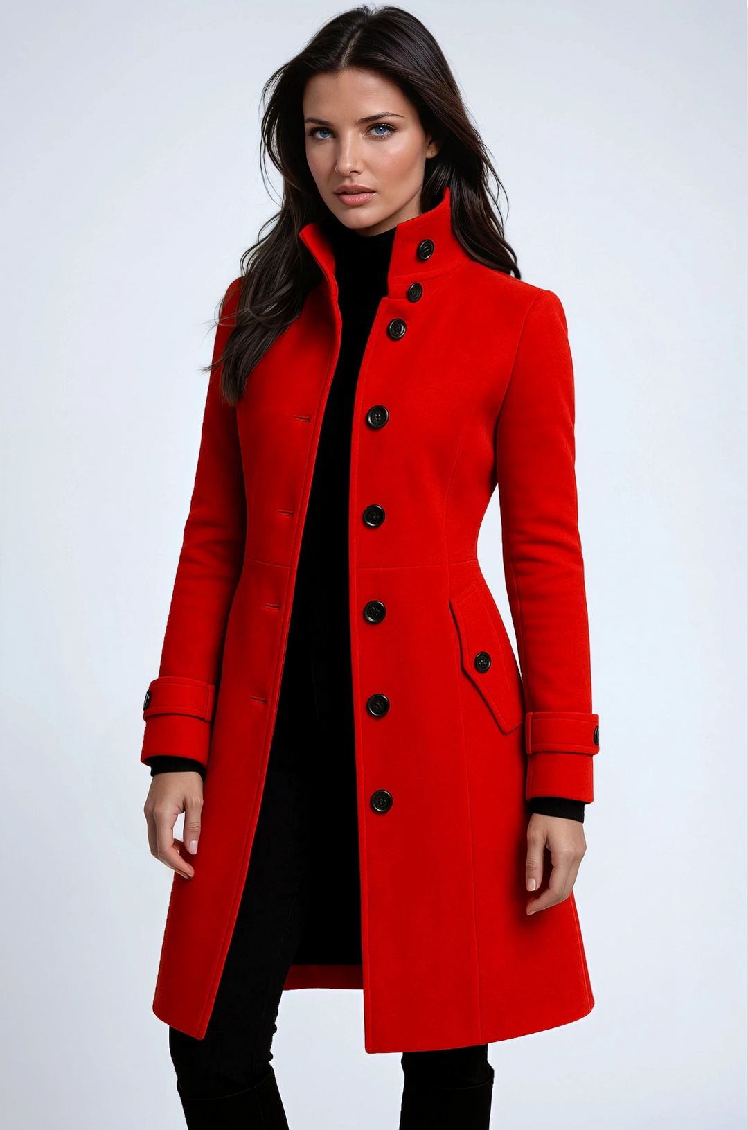 Women's long trench coat with raised collar, button front and flap pockets