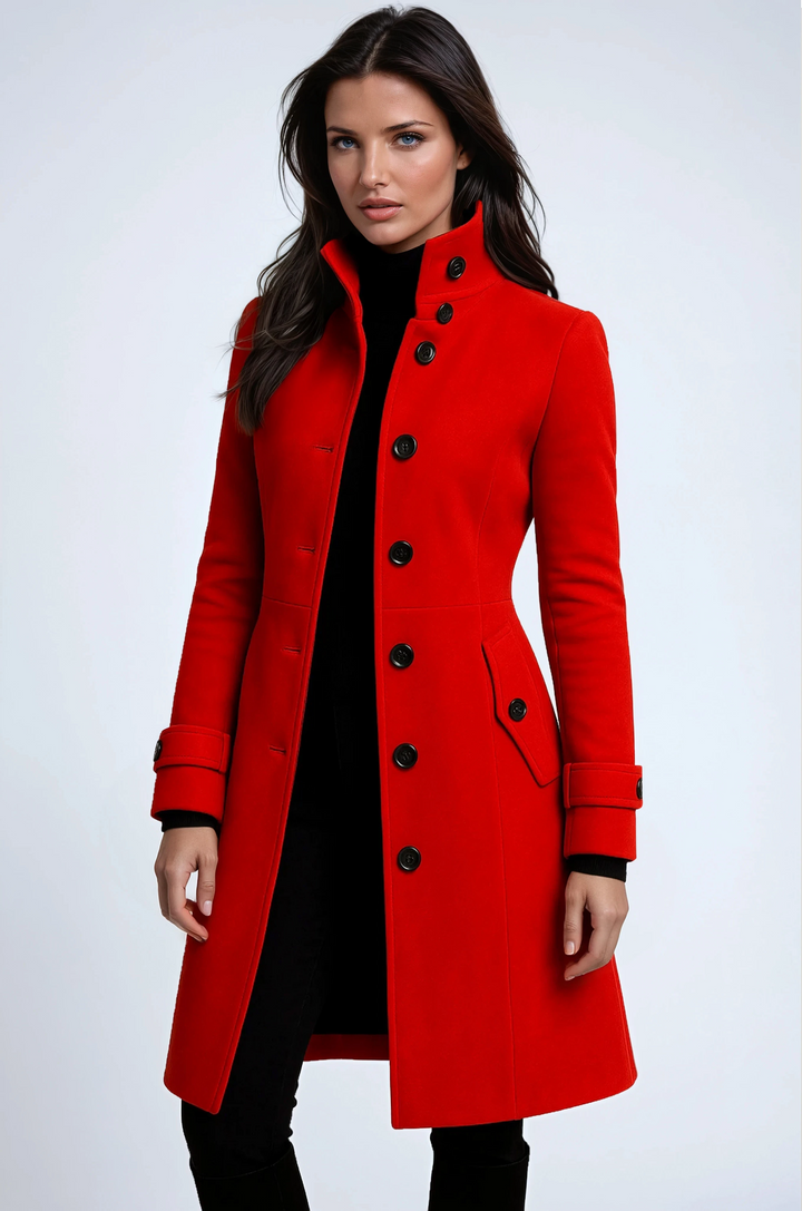 Women's long trench coat with raised collar, button front and flap pockets