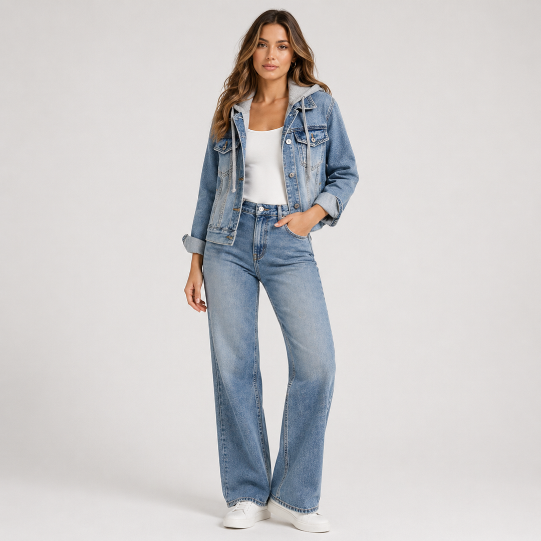 Women's hooded denim jacket with button front and chest pockets