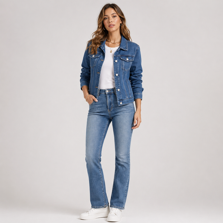 Women's denim jacket with pointed collar, long sleeves, chest pockets and button front