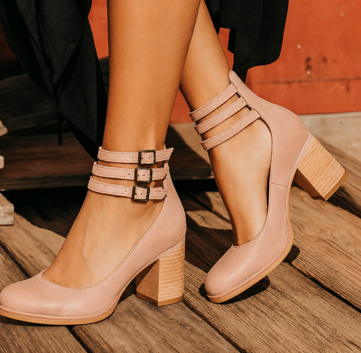 Women's ankle boots with three buckle straps and block heels