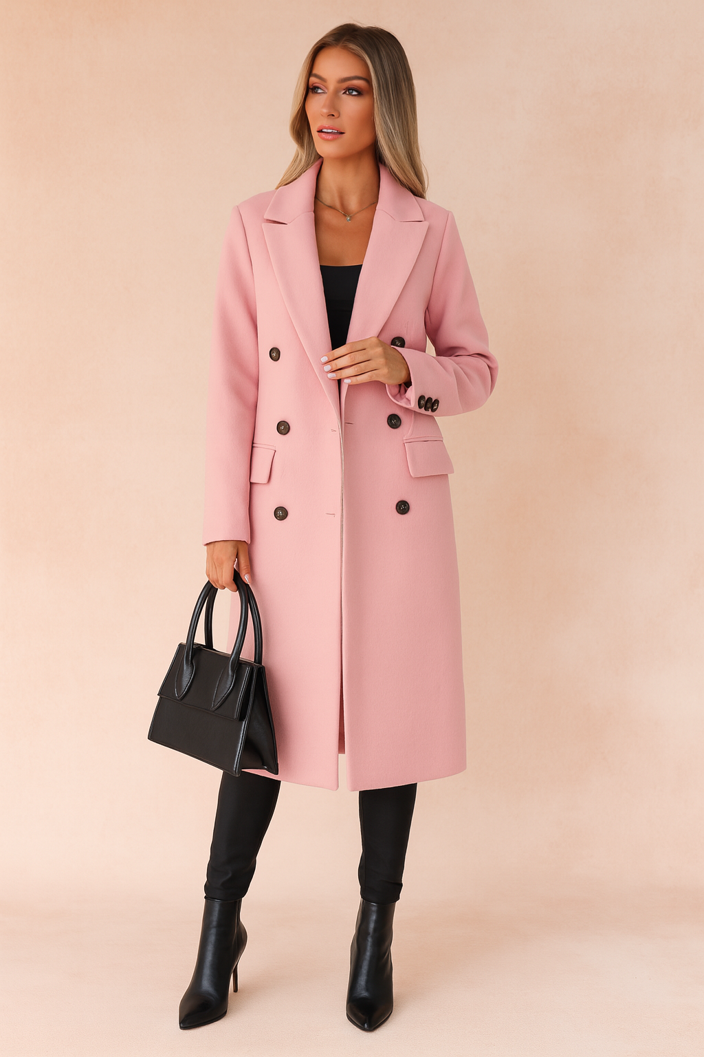 Women's double-breasted long coat with notched lapels and flap pockets