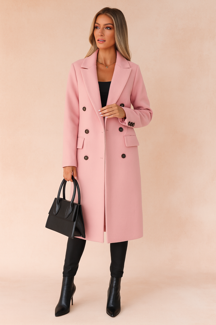 Women's double-breasted long coat with notched lapels and flap pockets
