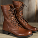 Men's brown lace-up combat boots with round toes and low heels
