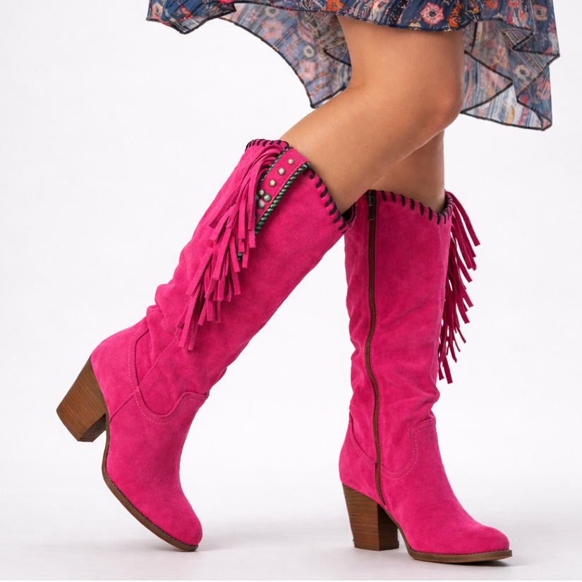Women's suede mid-calf boots with block heel and fringe trim detail