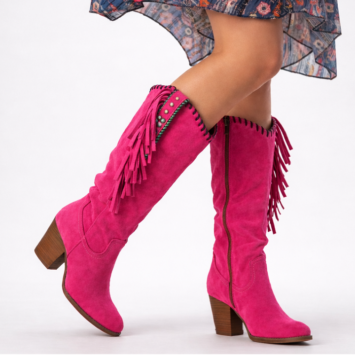 Women's suede mid-calf boots with block heel and fringe trim detail