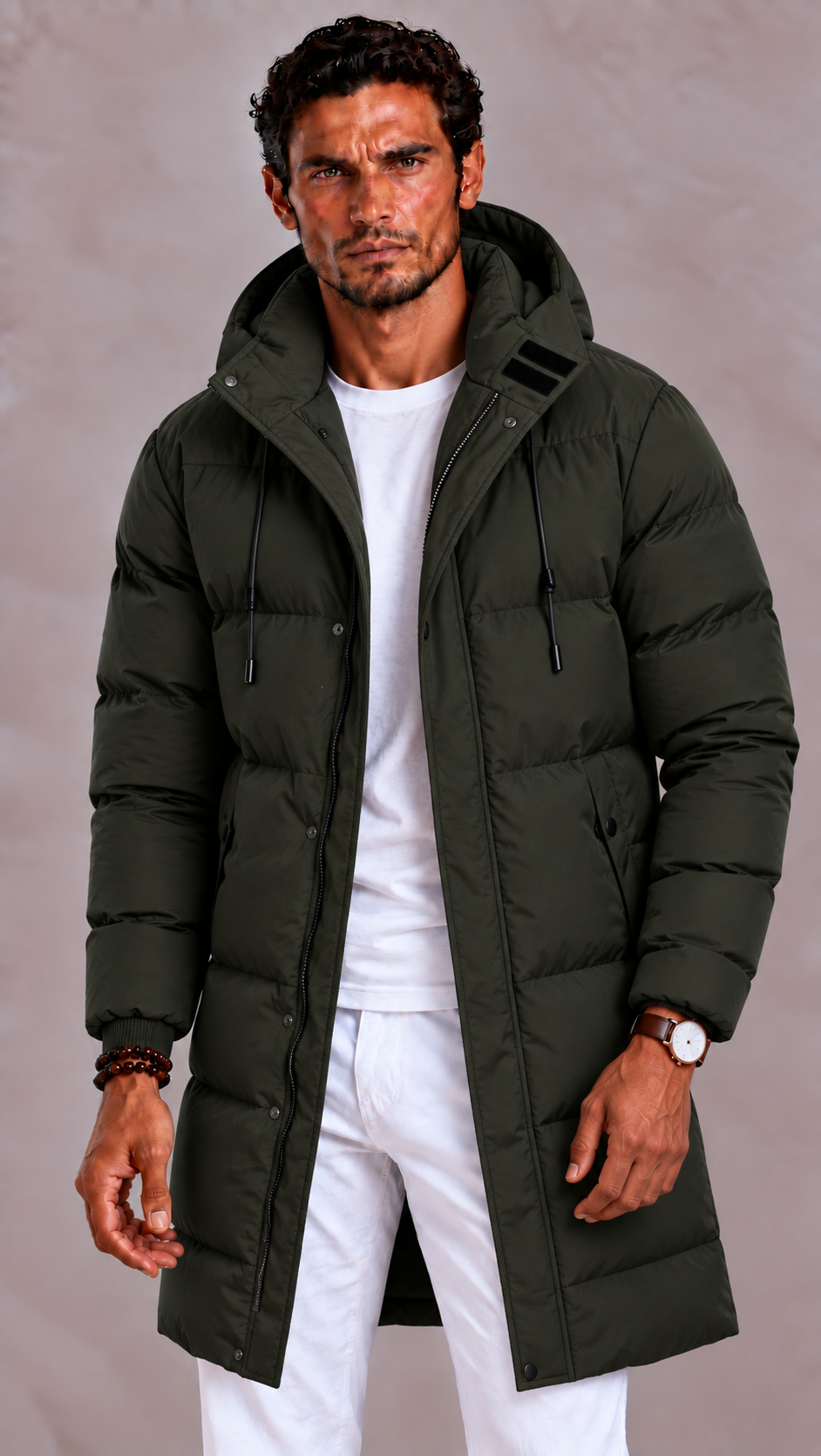 Men's long quilted puffer jacket with hood, front zip and pockets