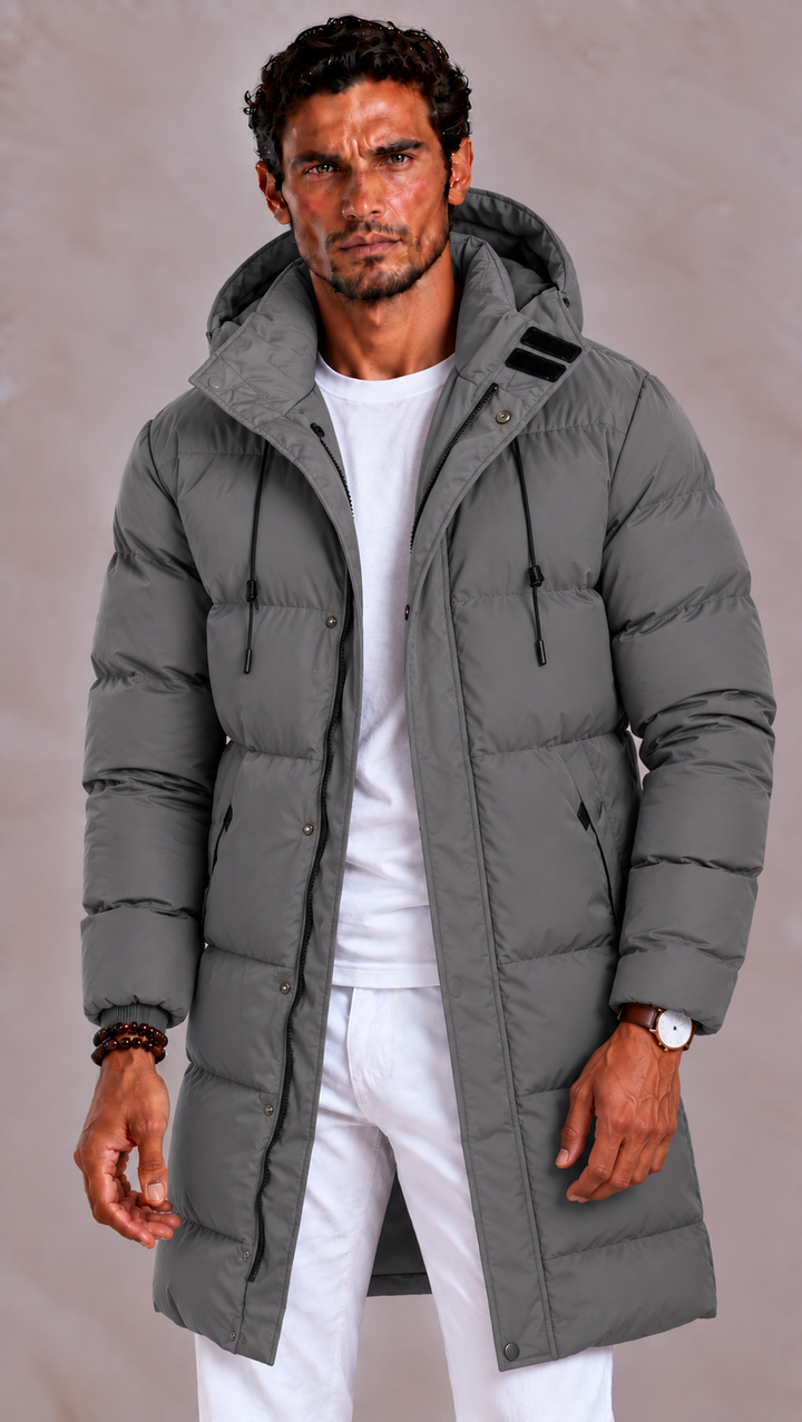 Men's long quilted puffer jacket with hood, front zip and pockets