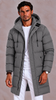 Men's long quilted puffer jacket with hood, front zip and pockets