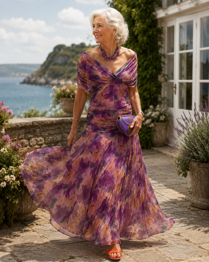 Women's Pleated Waist Maxi Dress — V-Neck Flowing Evening Dress