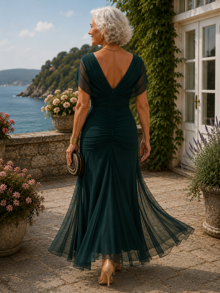 Women's Pleated Waist Maxi Dress — V-Neck Flowing Evening Dress