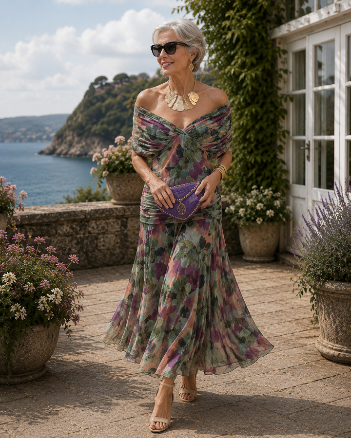 Women's Pleated Waist Maxi Dress — V-Neck Flowing Evening Dress
