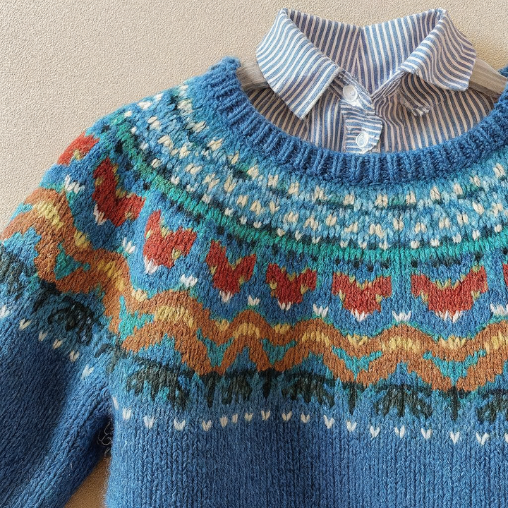 Women's blue knitted jumper with a multicoloured geometric patterned yoke