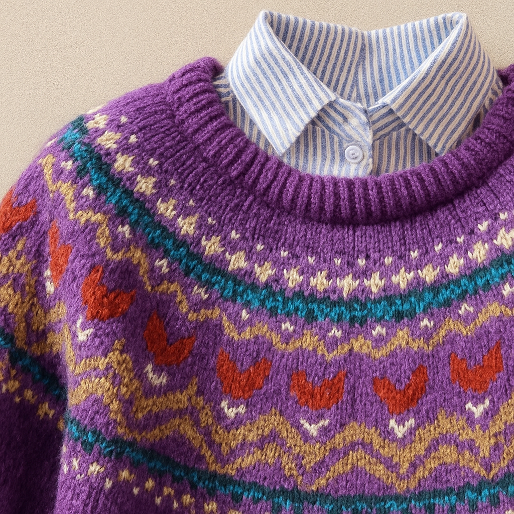 Women's purple knitted jumper with multicoloured geometric pattern and long sleeves