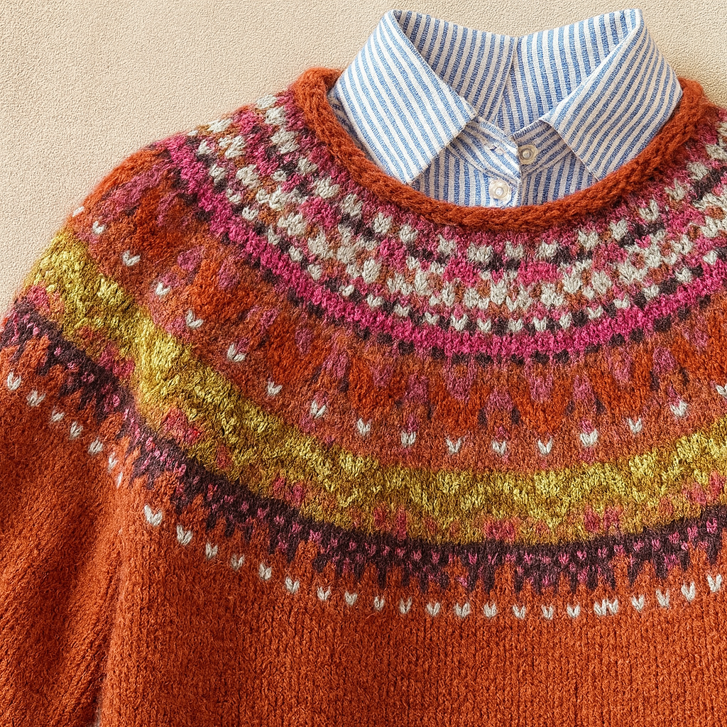 Women's red Fair Isle knitted jumper with crew neck and long sleeves