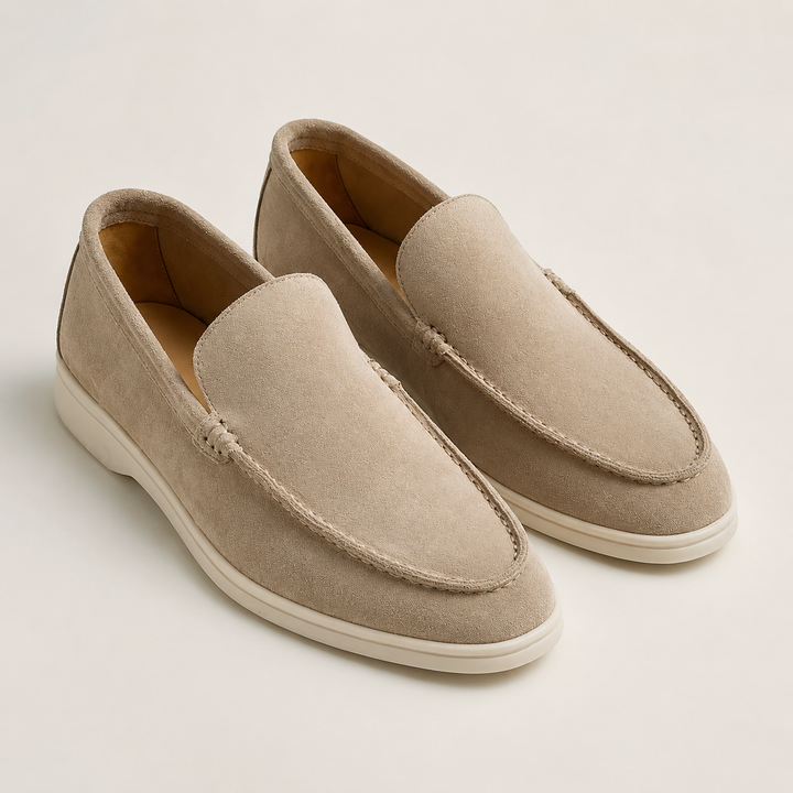Men's round toe slip-on loafers with stitched trim and low soles