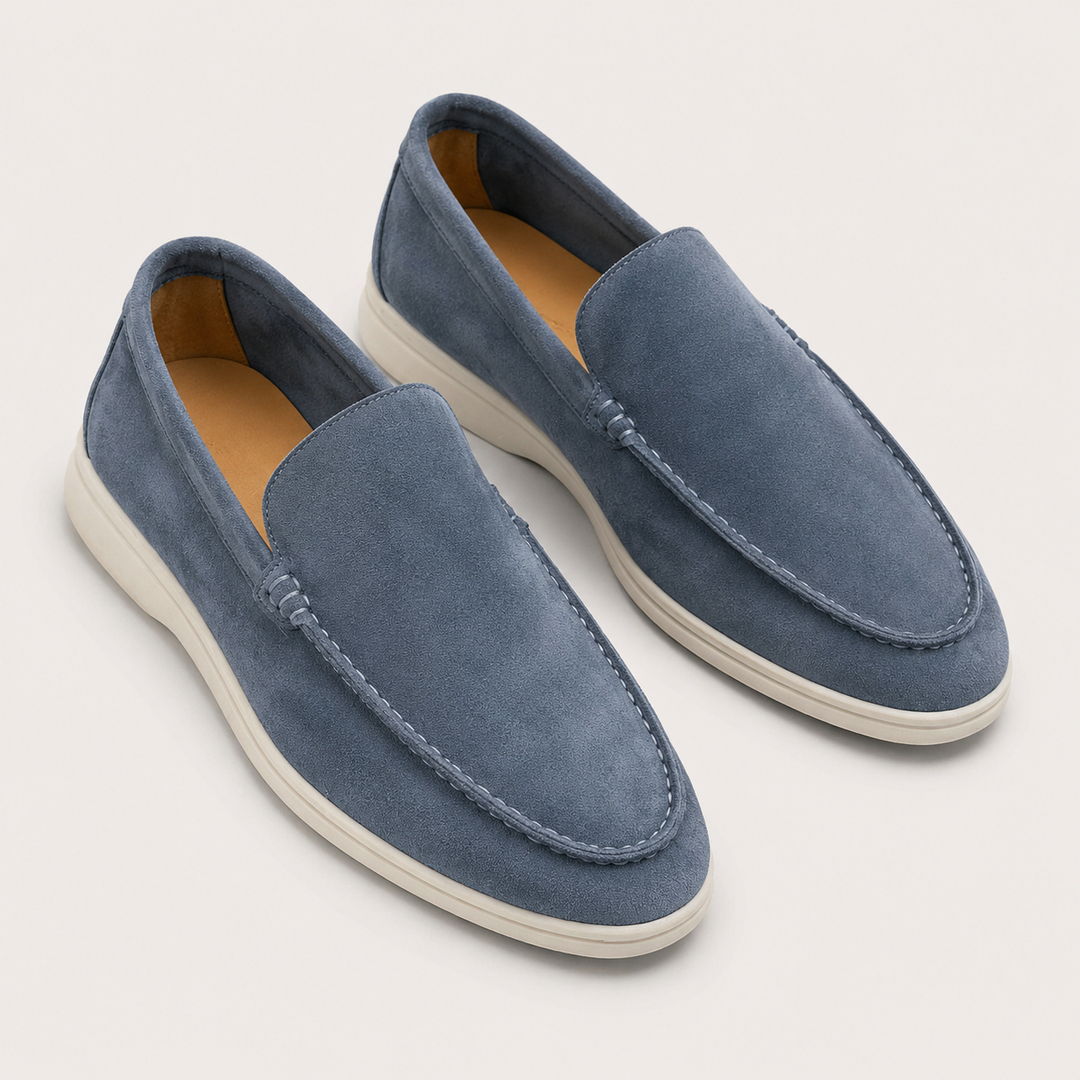Men's round-toe slip-on loafers with flat contrasting soles