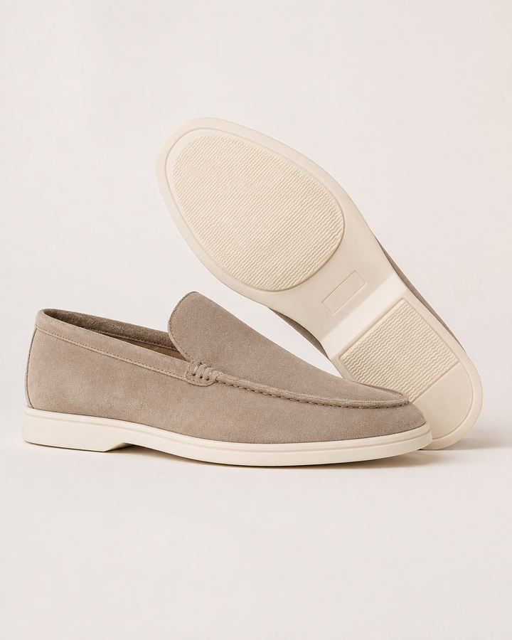 Men's round toe slip-on loafers with stitched trim and low soles