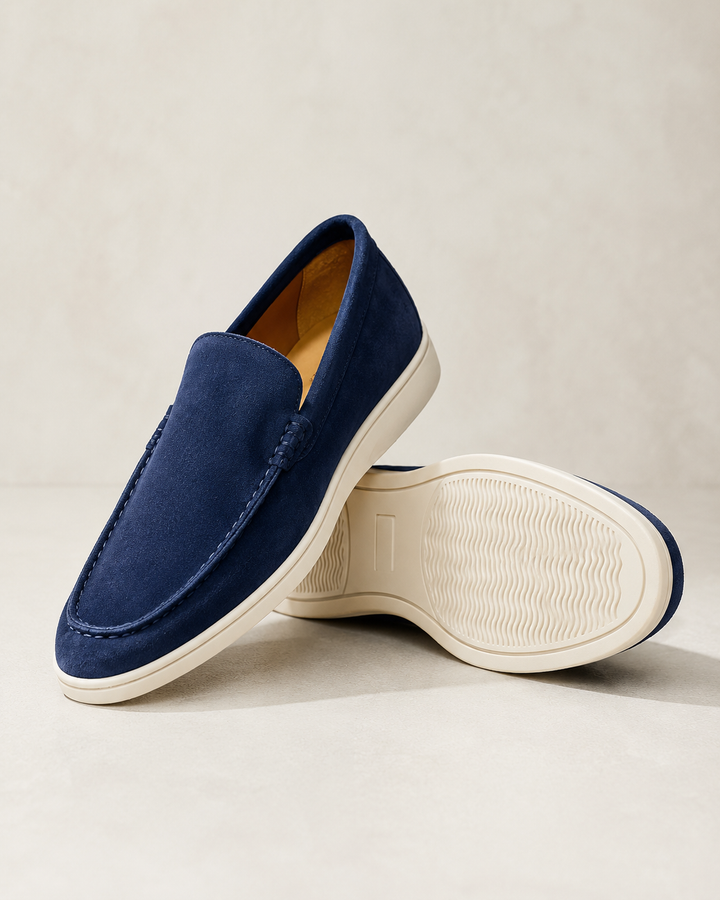 Men's round-toe slip-on loafers with flat contrasting soles