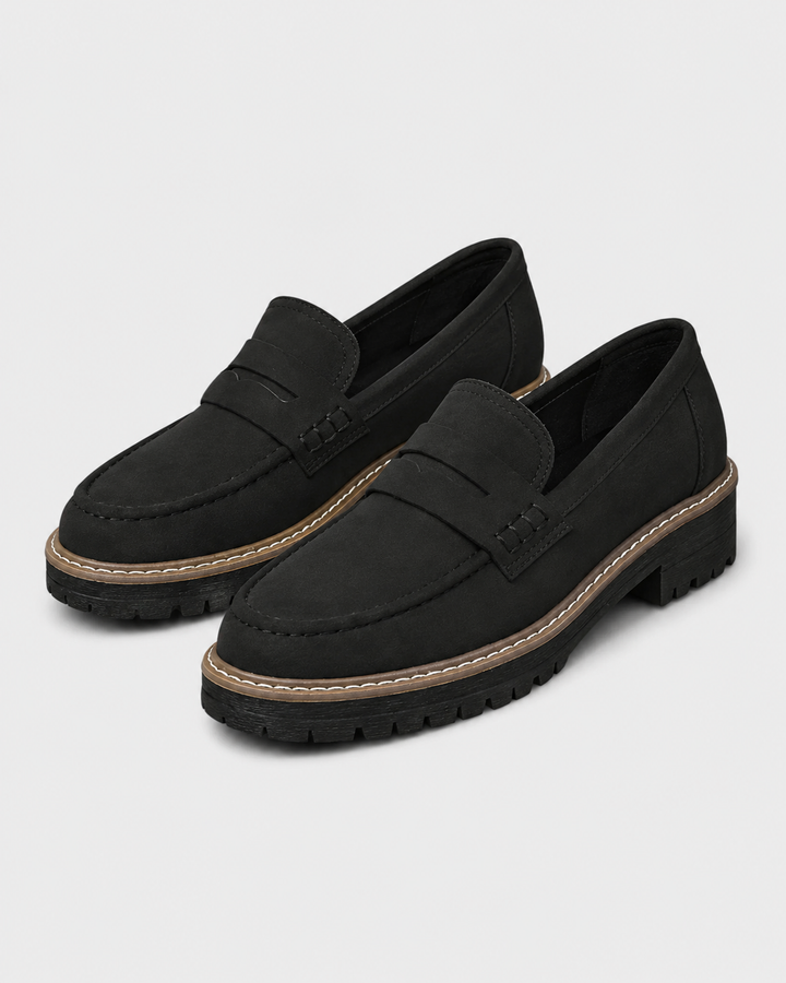 Women's penny loafers with rounded toes and lug soles