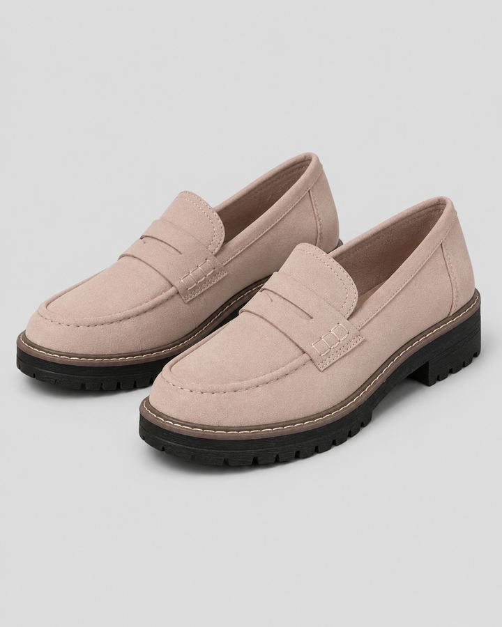 Women's penny loafers with rounded toes and lug soles