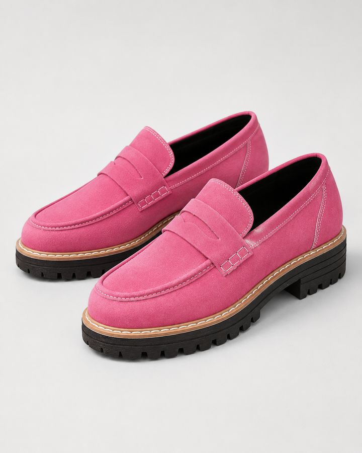 Women's penny loafers with rounded toes and lug soles