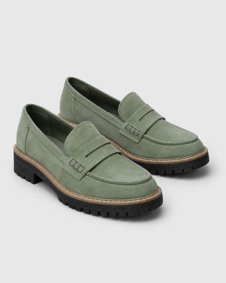 Women's penny loafers with rounded toes and lug soles