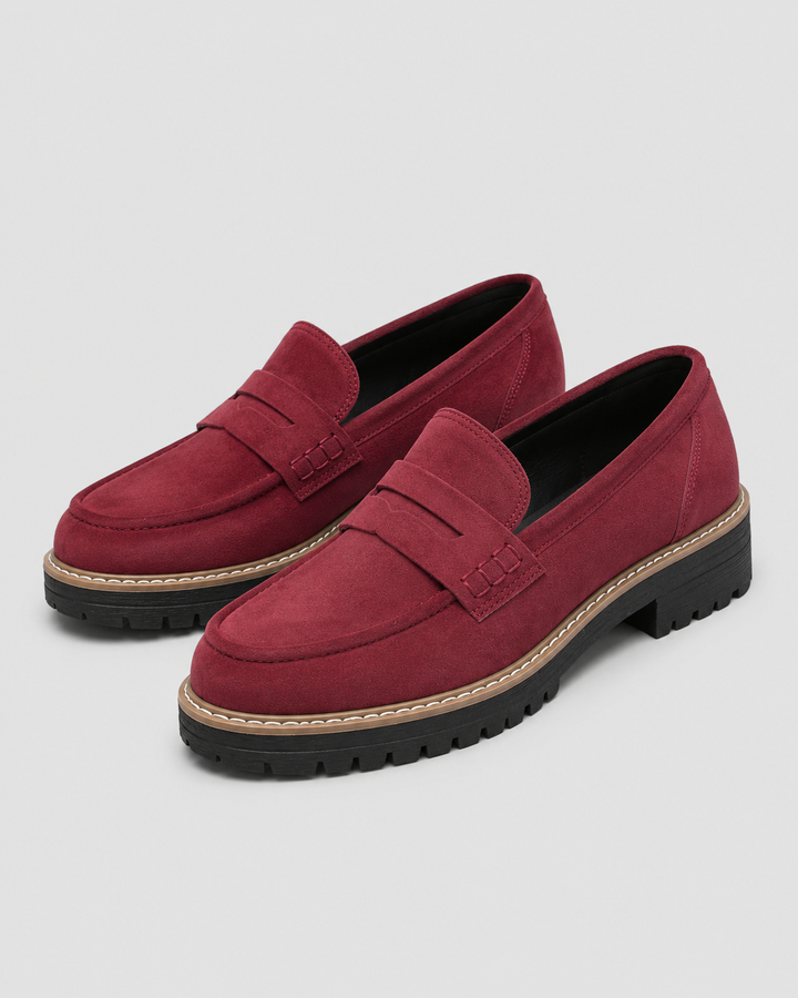Women's penny loafers with rounded toes and lug soles