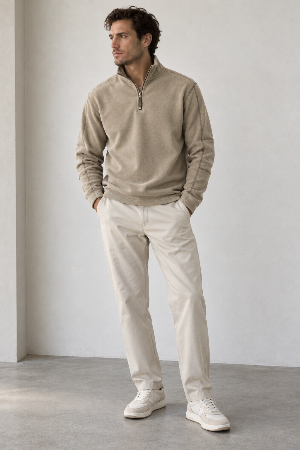Men's long-sleeve half-zip sweatshirt with a stand collar and subtle textured finish
