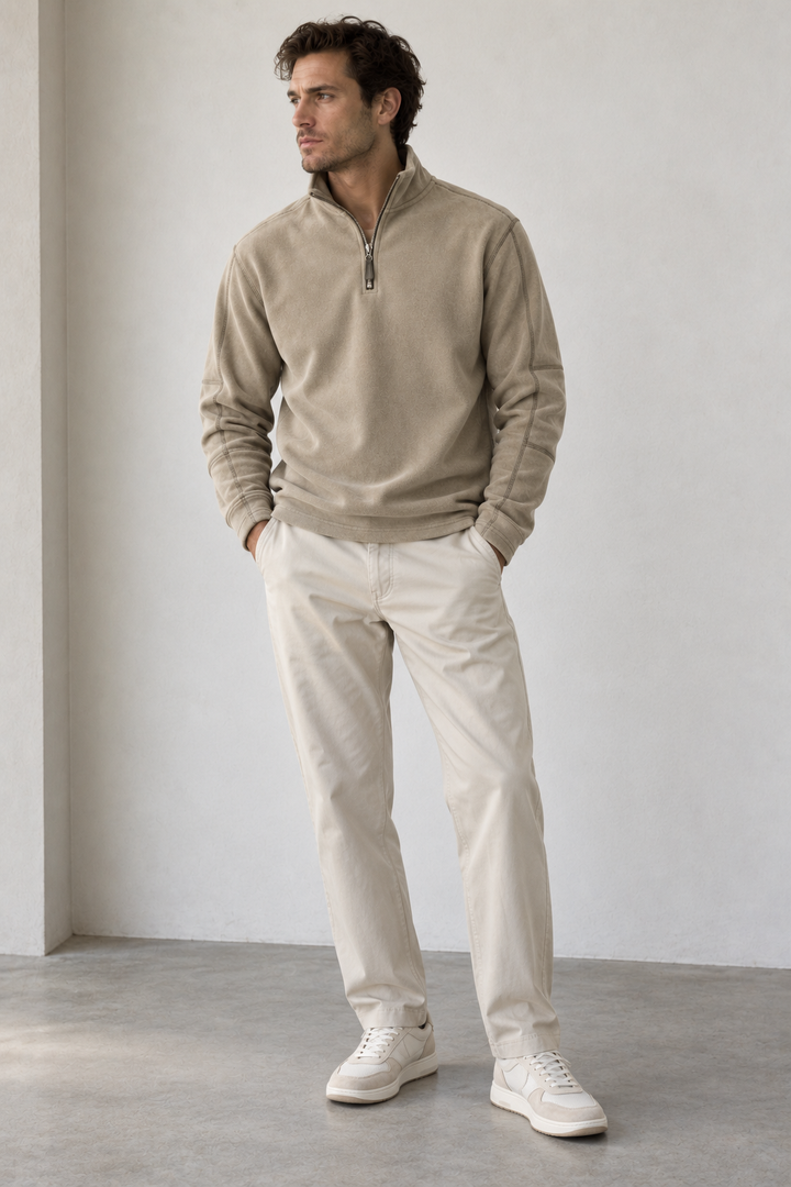 Men's long-sleeve half-zip sweatshirt with a stand collar and subtle textured finish