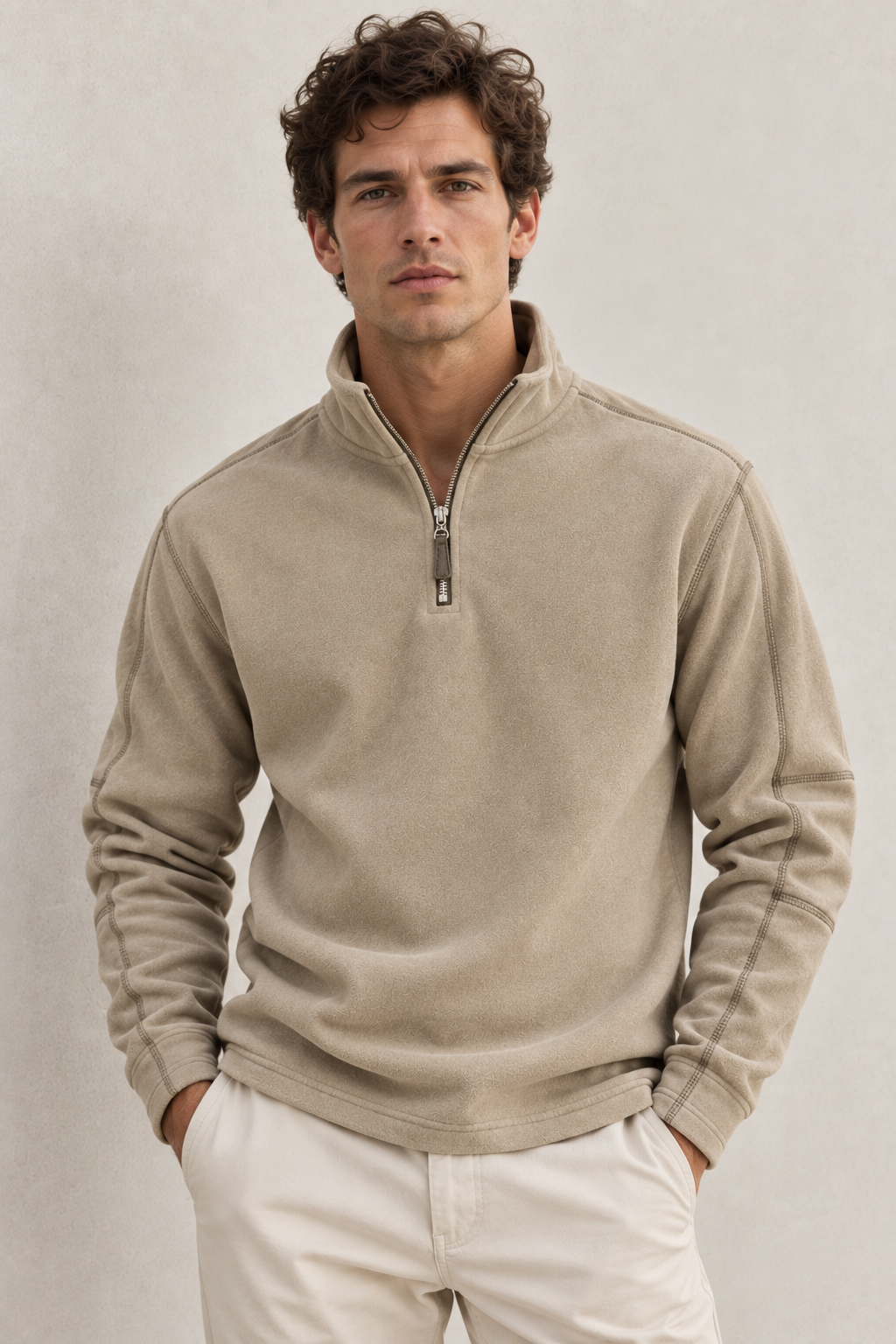 Men's long-sleeve half-zip sweatshirt with a stand collar and subtle textured finish