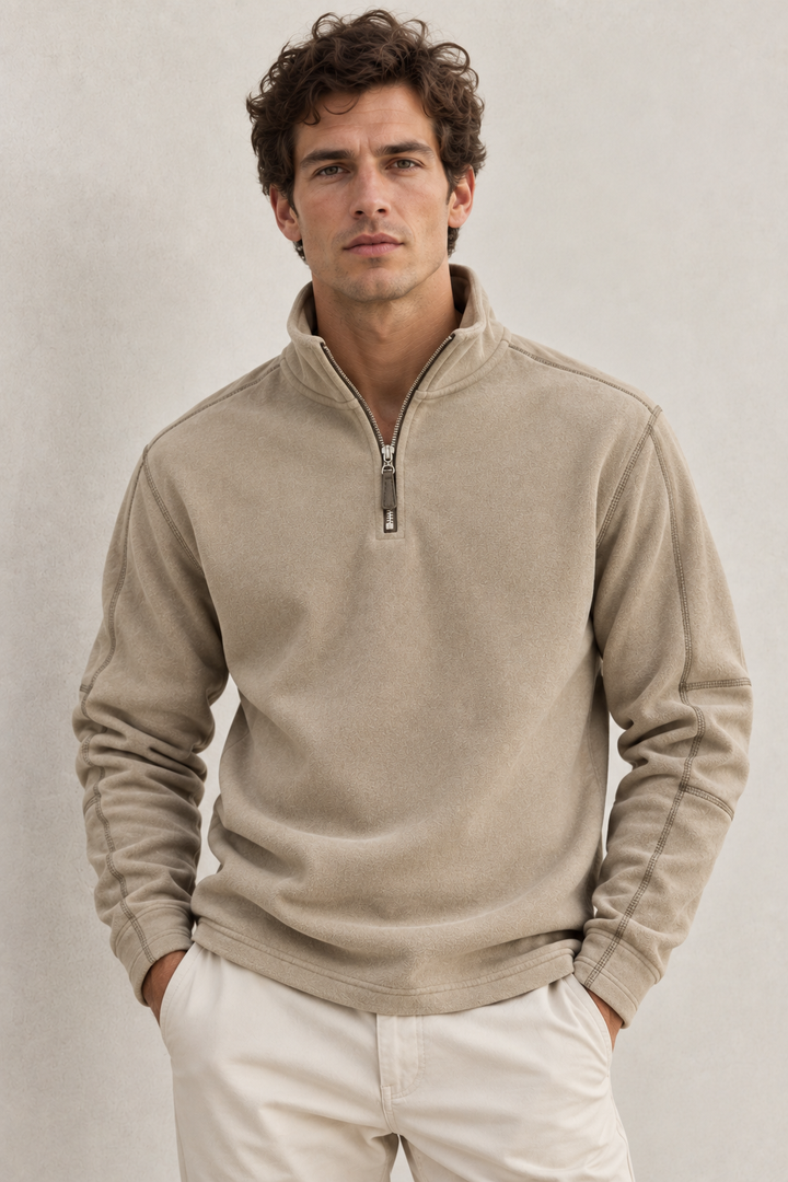 Men's long-sleeve half-zip sweatshirt with a stand collar and subtle textured finish