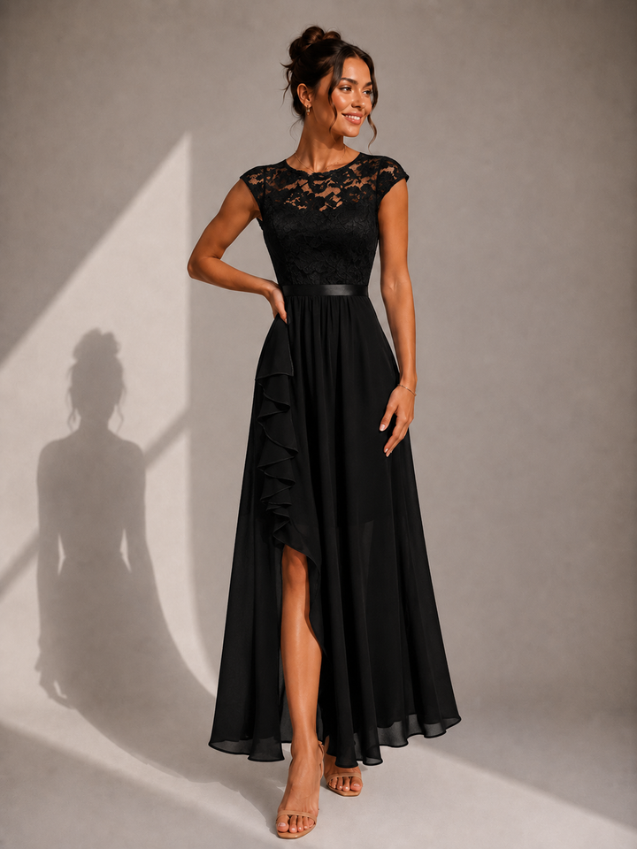 Women's floor-length maxi dress with lace cap sleeves and asymmetric high-low hemline