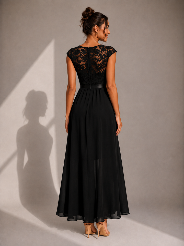 Women's black lace maxi dress with cap sleeves and ruffled asymmetric hem