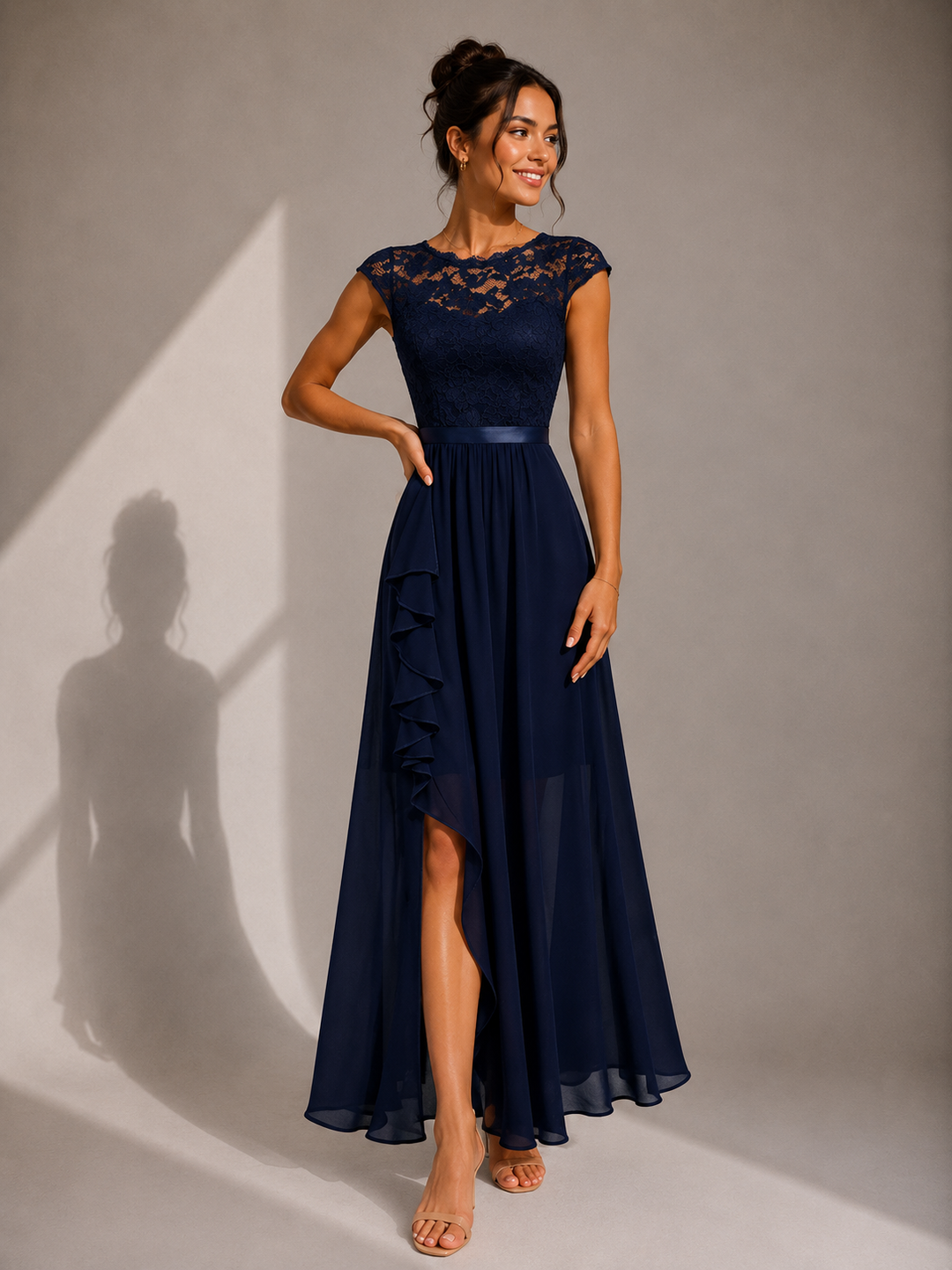 Women's black lace maxi dress with cap sleeves and ruffled asymmetric hem