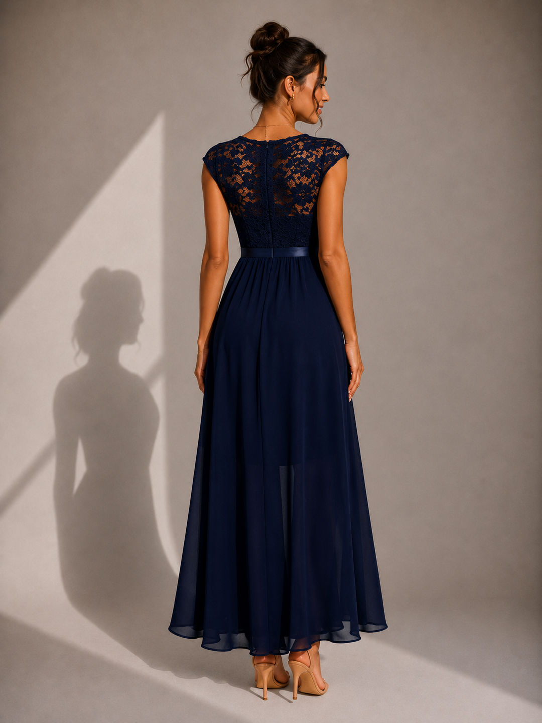 Women's floor-length maxi dress with lace cap sleeves and asymmetric high-low hemline