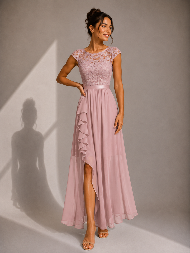 Women's floor-length maxi dress with lace cap sleeves and asymmetric high-low hemline