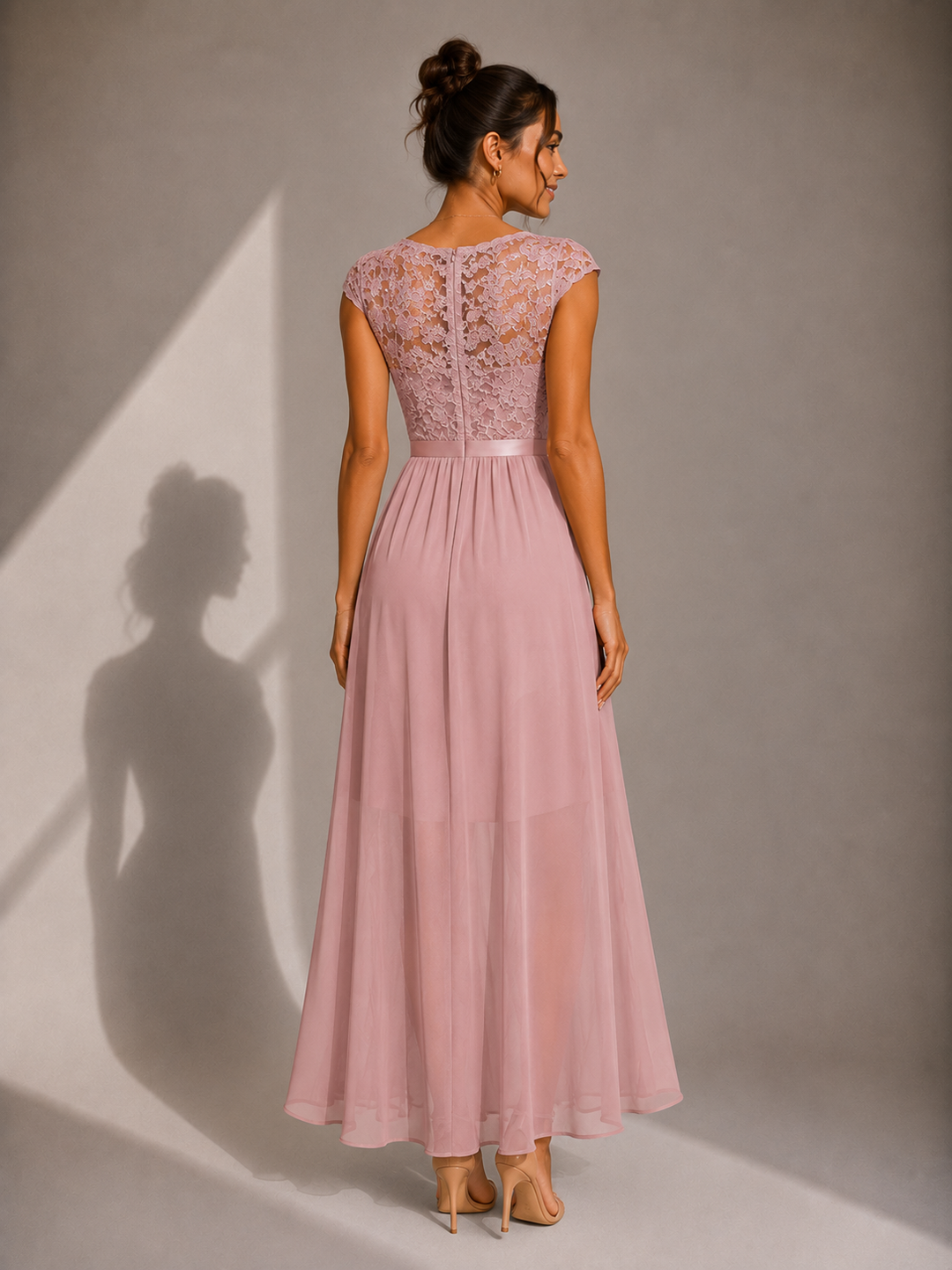 Women's floor-length maxi dress with lace cap sleeves and asymmetric high-low hemline