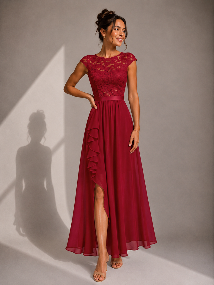 Women's floor-length maxi dress with lace cap sleeves and asymmetric high-low hemline