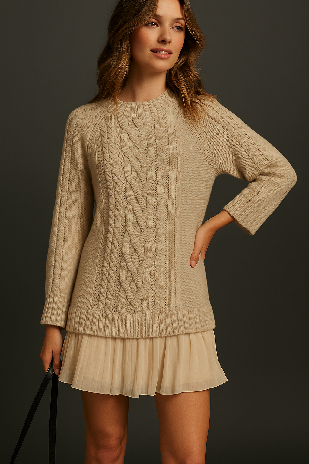 Women's cable knit mini dress with long sleeves and pleated hem