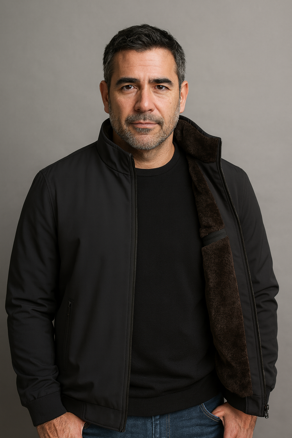 Men's dark fleece-lined zip jacket with stand collar and zipped pockets