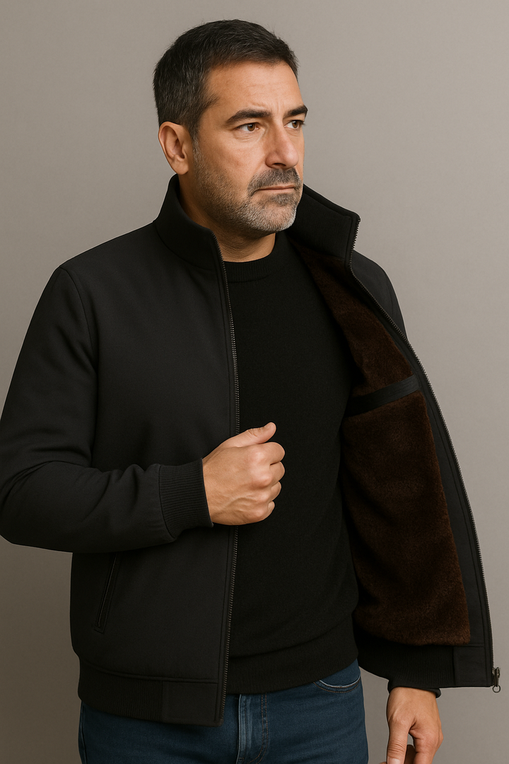 Men's dark fleece-lined zip jacket with stand collar and zipped pockets