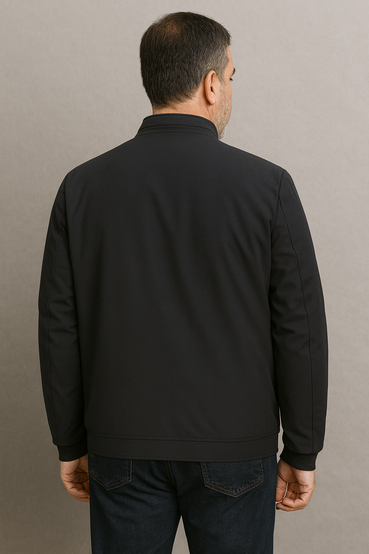 Men's dark fleece-lined zip jacket with stand collar and zipped pockets