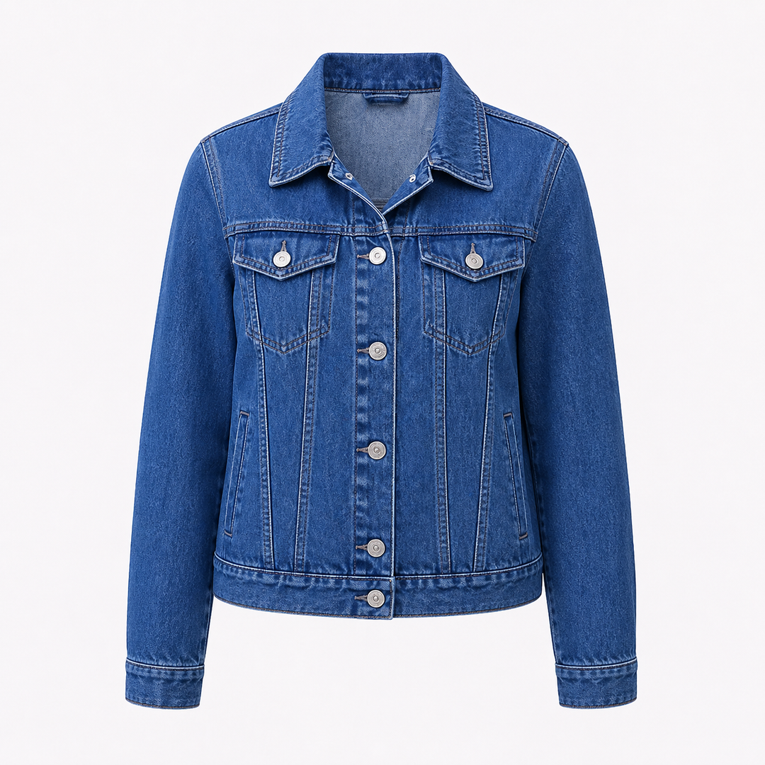 Women's denim jacket with pointed collar, long sleeves, chest pockets and button front