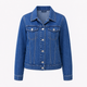 Women's denim jacket with pointed collar, long sleeves, chest pockets and button front